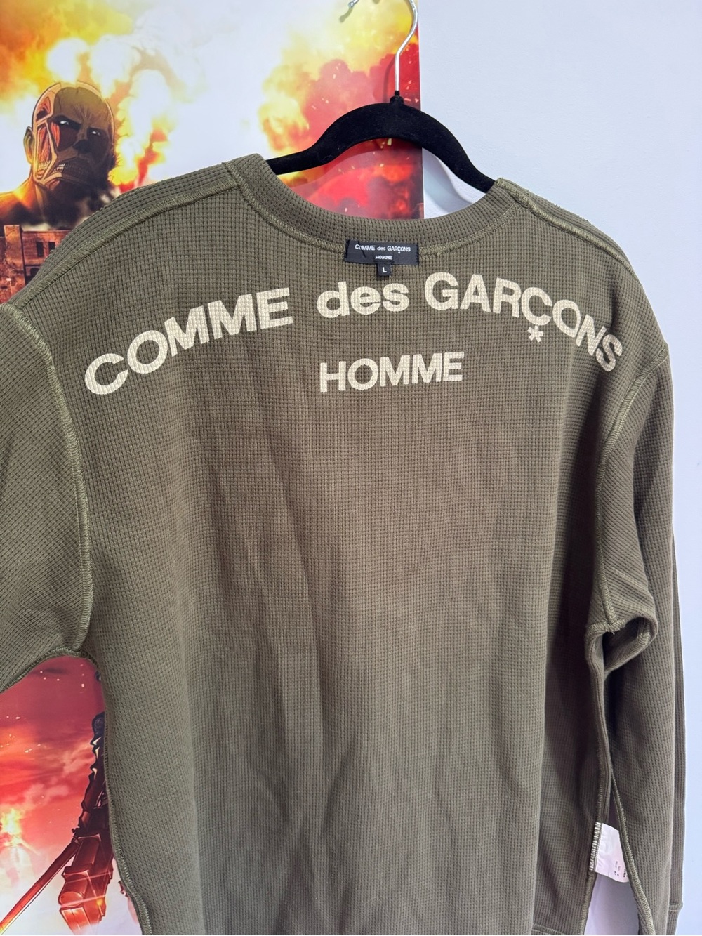Comme des Garcons Homme Olive Waffle Knit Crew Sweatshirt with Back Logo